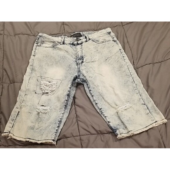 Encrypted Denim Shorts Mens 32 Jean Distressed Acid Wash Stretch Hiphop Skater - Picture 1 of 12